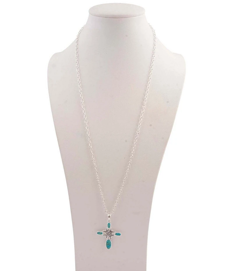 Barse Scroll Cross Silver And Genuine Turquoise Long Pendant Necklace