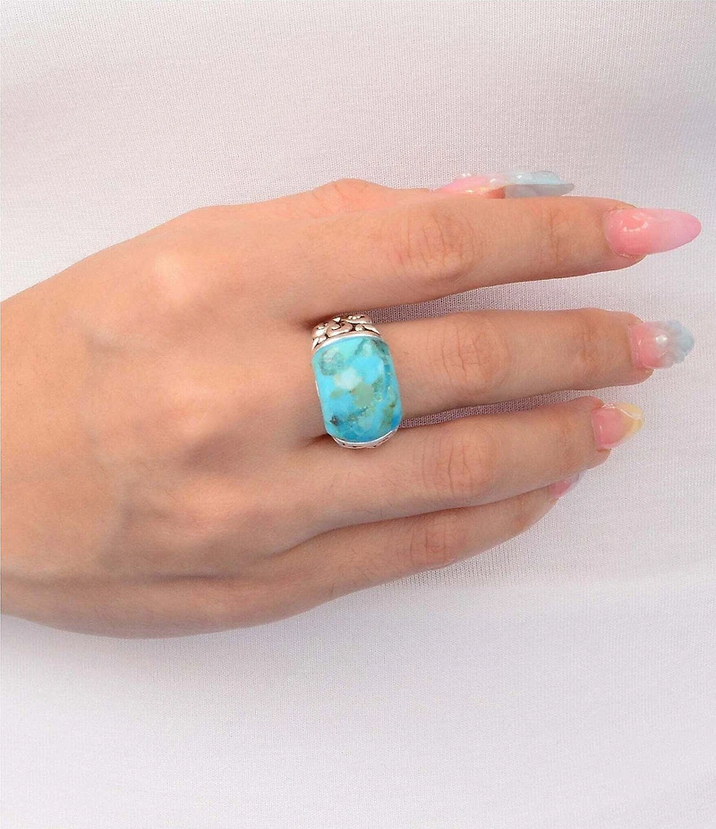 Barse Scroll Silver And Genuine Turquoise Statment Ring
