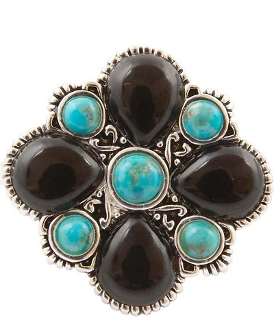 Barse Mosaic Bloom Silver, Genuine Turquoise And Onyx Brooch Charm