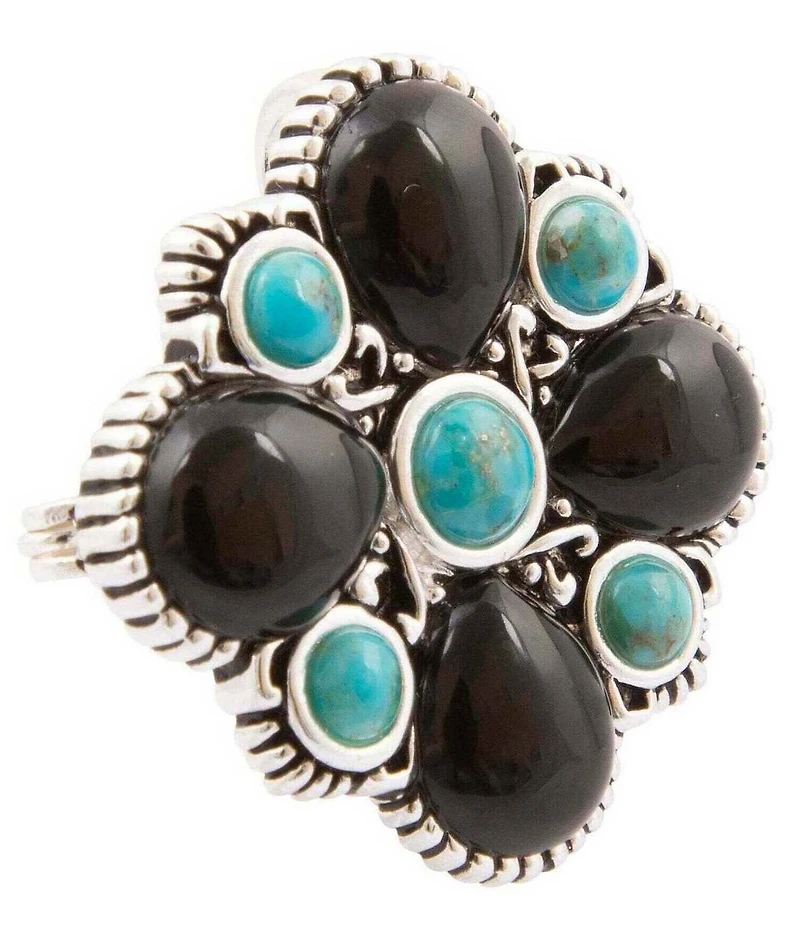 Barse Mosaic Bloom Silver, Genuine Turquoise And Onyx Brooch Charm