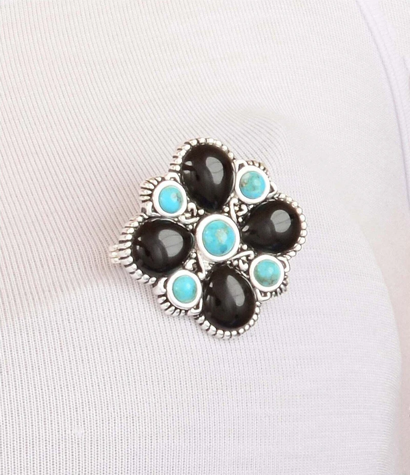 Barse Mosaic Bloom Silver, Genuine Turquoise And Onyx Brooch Charm