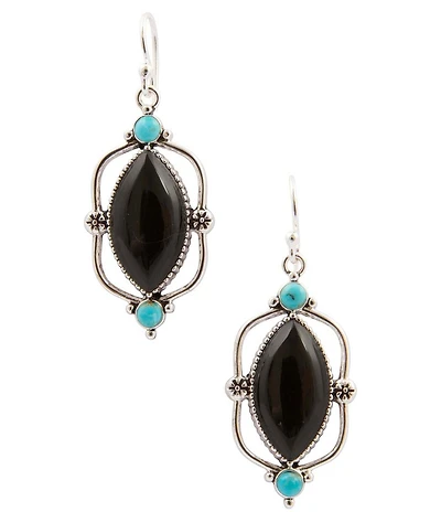Barse Midnight Bloom Silver, Onyx And Genuine Turquoise Drop Earrings