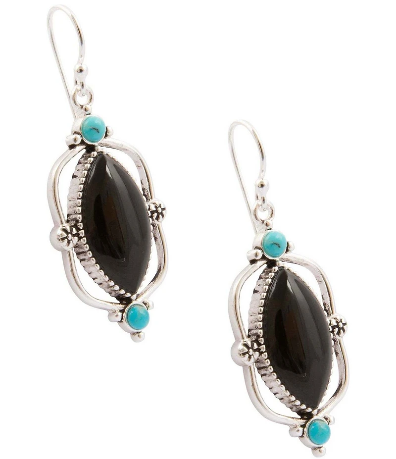 Barse Midnight Bloom Silver, Onyx And Genuine Turquoise Drop Earrings