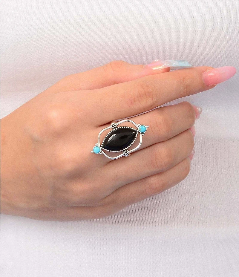 Barse Midnight Bloom Silver, Onyx And Genuine Turquoise Statement Ring