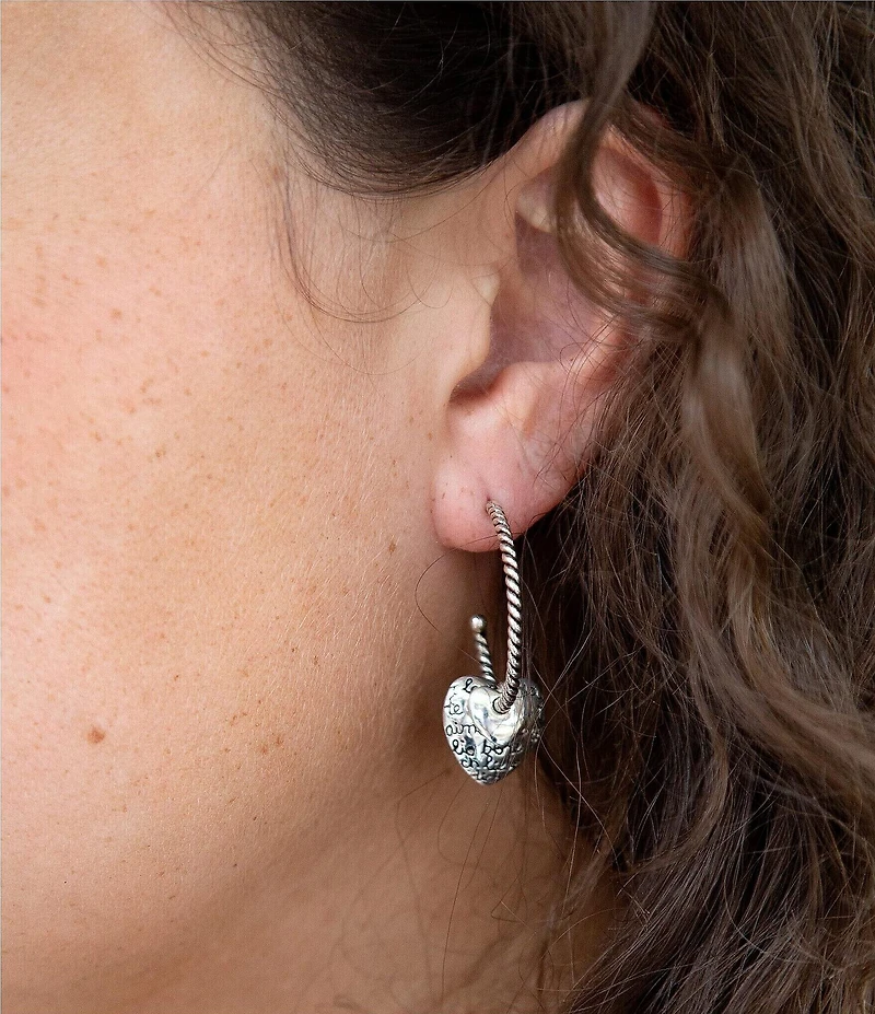 Barse Sterling Silver Engraved Heart Hoop Earrings