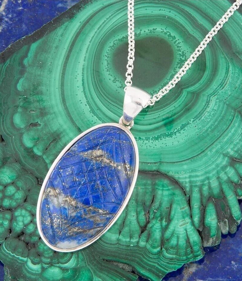 Barse Carved Blue Lapis Sterling Silver Pendant Necklace