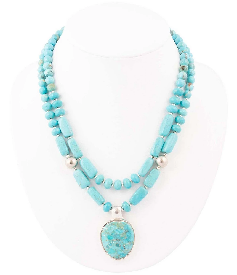 Barse Double Stranded Blue Turquoise Sterling Silver Statement Pendant Necklace