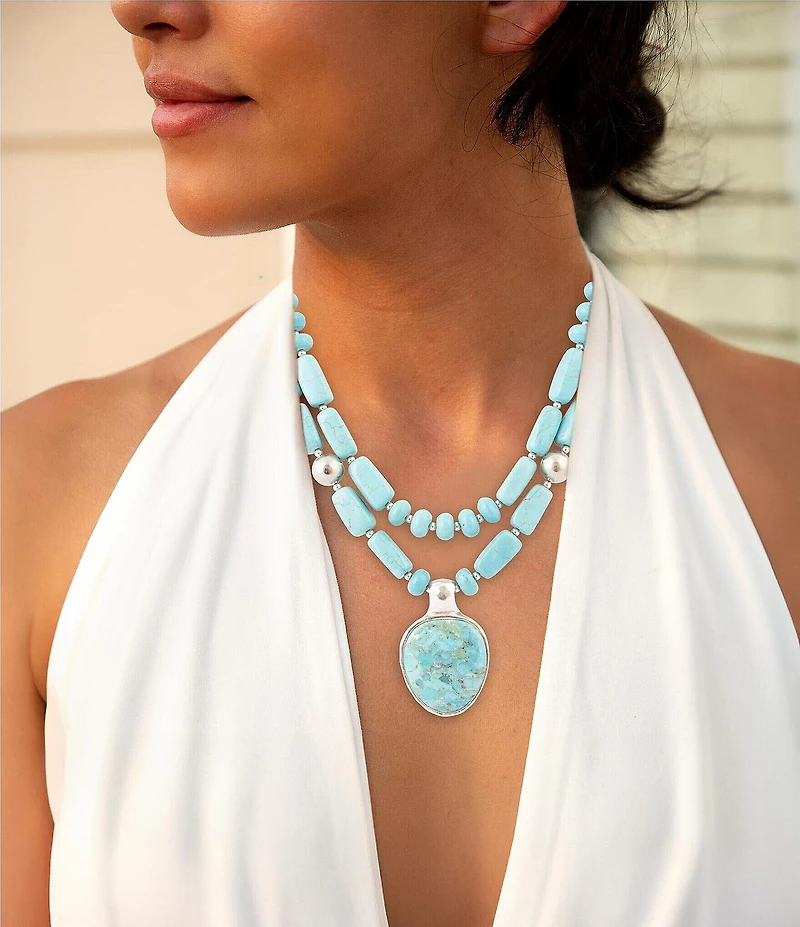 Barse Double Stranded Blue Turquoise Sterling Silver Statement Pendant Necklace