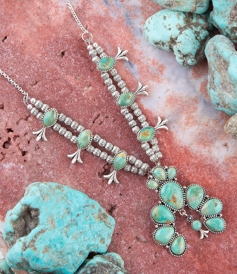 Barse Sterling Silver and Genuine Stone Turquoise Squash Blossom Statement Necklace