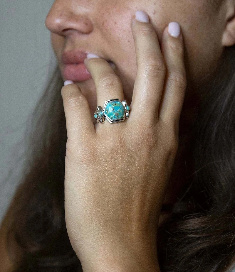 Barse Sterling Silver and Genuine Turquoise Southwest Floral Band Ring