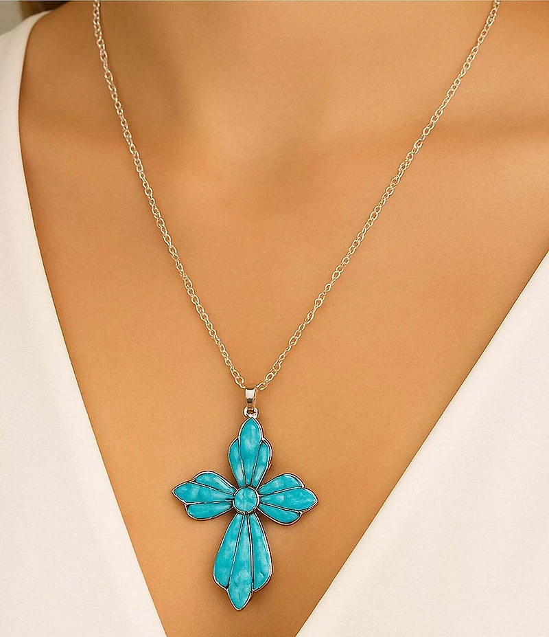 Barse Sterling Silver and Turquoise Cross Short Pendant Necklace