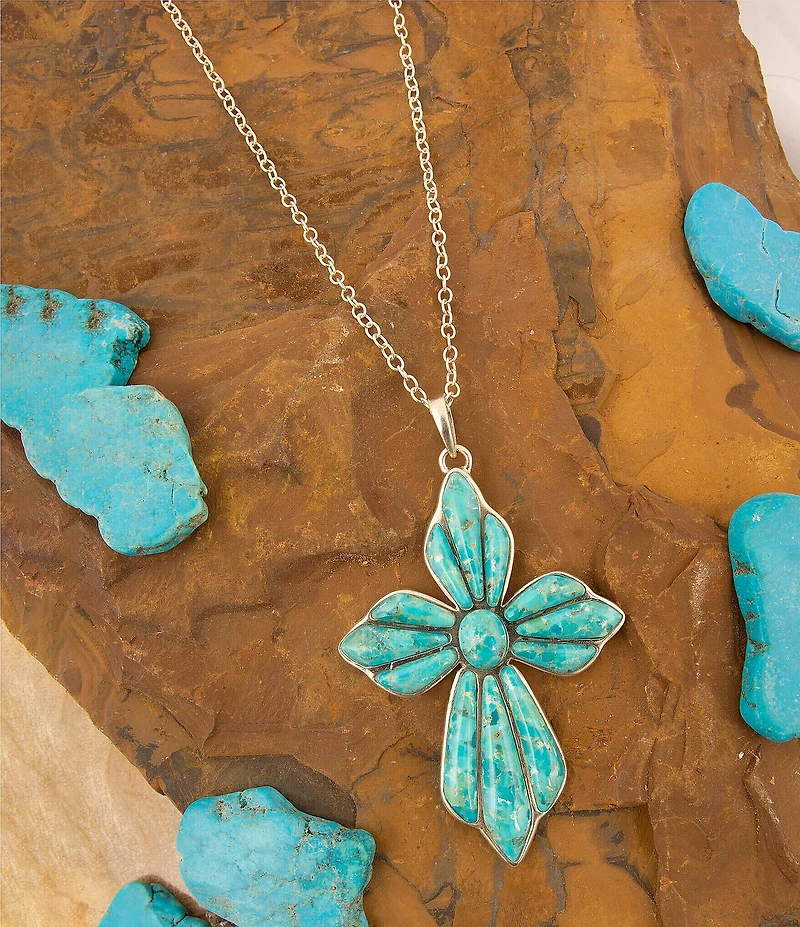 Barse Sterling Silver and Turquoise Cross Short Pendant Necklace