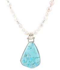 Barse Blue Turquoise Pendant and White Pearl Sterling Silver Necklace