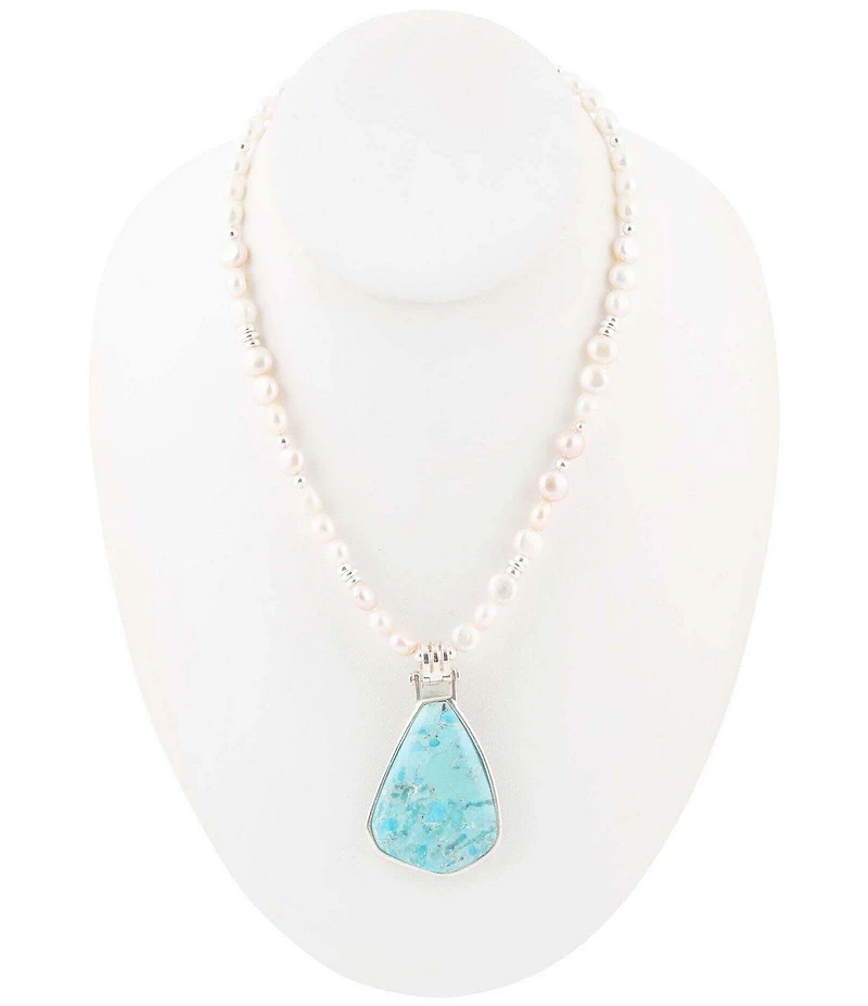 Barse Blue Turquoise Pendant and White Pearl Sterling Silver Necklace