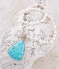 Barse Blue Turquoise Pendant and White Pearl Sterling Silver Necklace