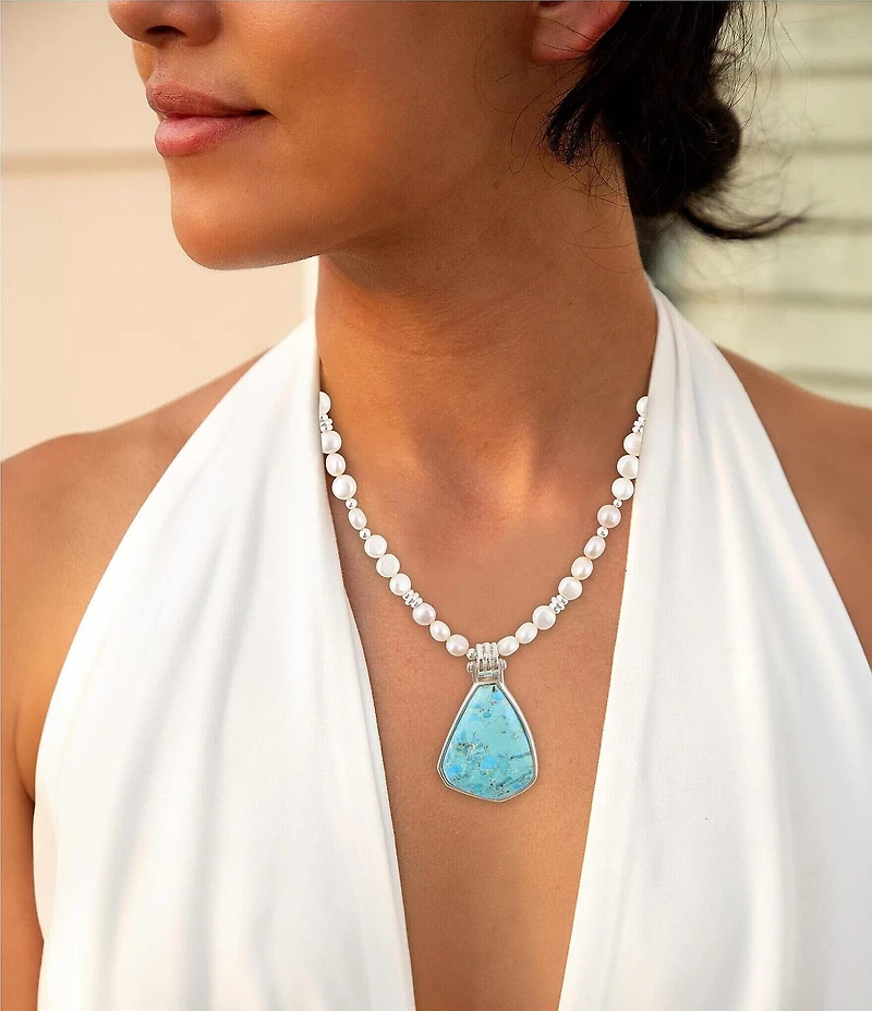Barse Blue Turquoise Pendant and White Pearl Sterling Silver Necklace