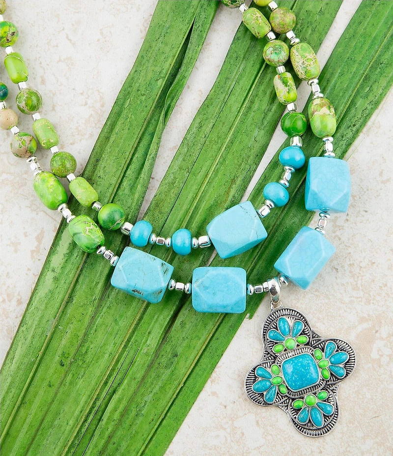 Barse Zion Lime Green and Blue Turquoise and Sterling Silver Statement Necklace