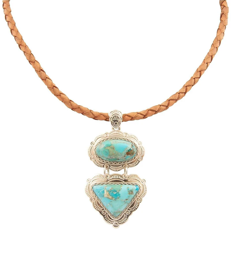 Barse Sterling Silver, Leather and Genuine Turquoise Bronco Short Pendant Necklace