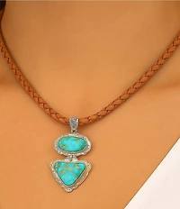 Barse Sterling Silver, Leather and Genuine Turquoise Bronco Short Pendant Necklace