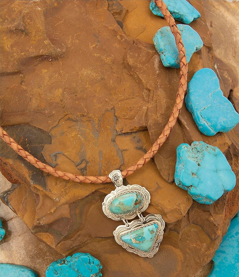 Barse Sterling Silver, Leather and Genuine Turquoise Bronco Short Pendant Necklace