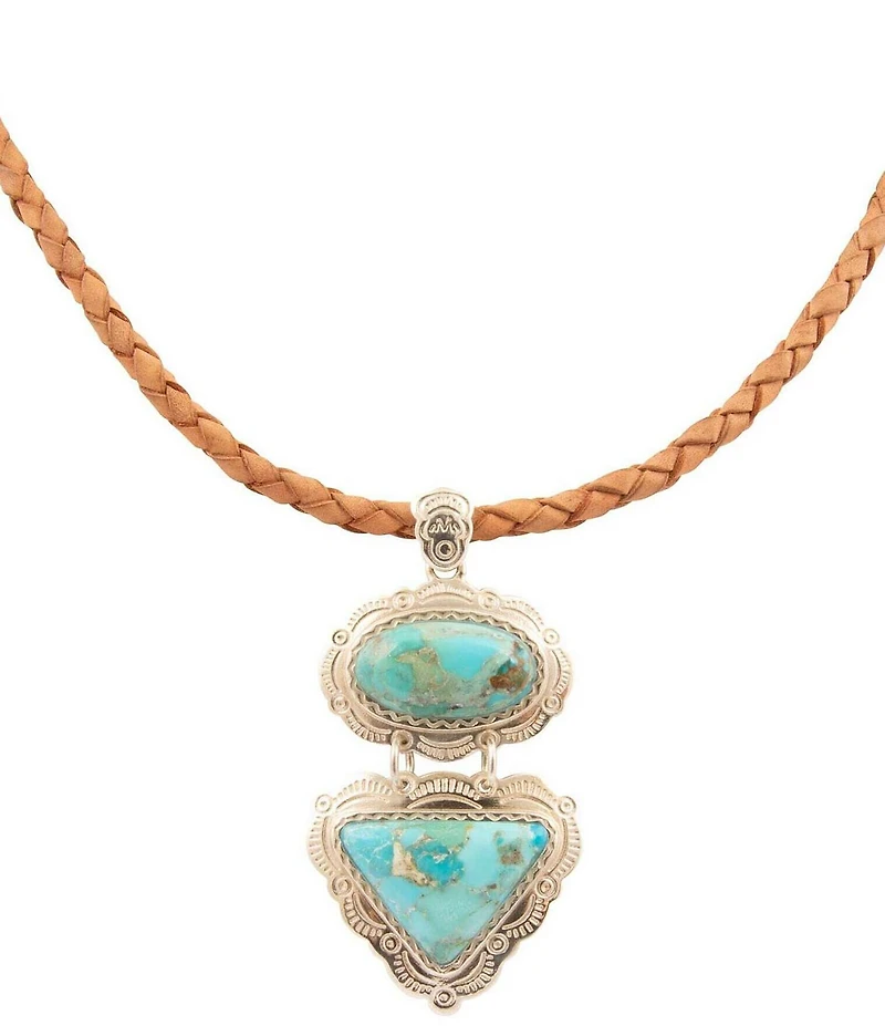 Barse Bronco Blue Turquoise Sterling Silver Concho Pendant Leather Necklace