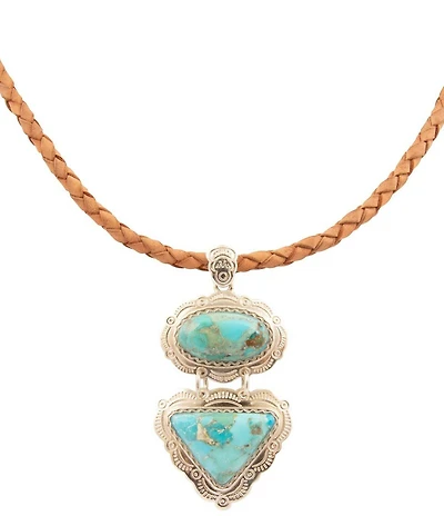 Barse Bronco Blue Turquoise Sterling Silver Concho Pendant Leather Necklace