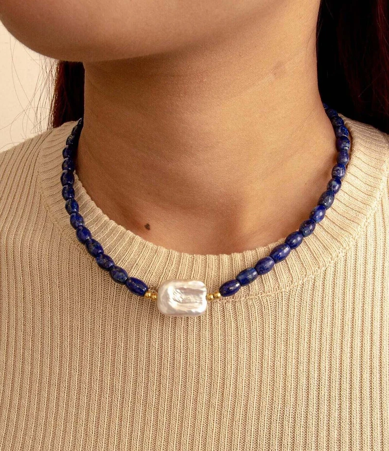 Barse Summer Blues Lapis and Pearl Collar Necklace