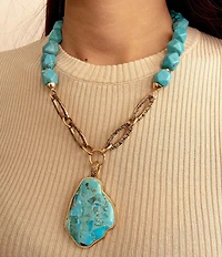 Barse Thistle Bronze and Genuine Stone Short Pendant Necklace