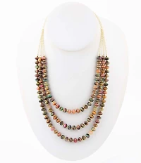 Barse Jeweled Multi-Color Tiger's Eye Triple Strand Golden Necklace