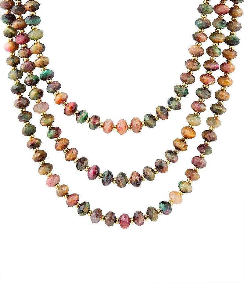 Barse Jeweled Multi-Color Tiger's Eye Triple Strand Golden Necklace