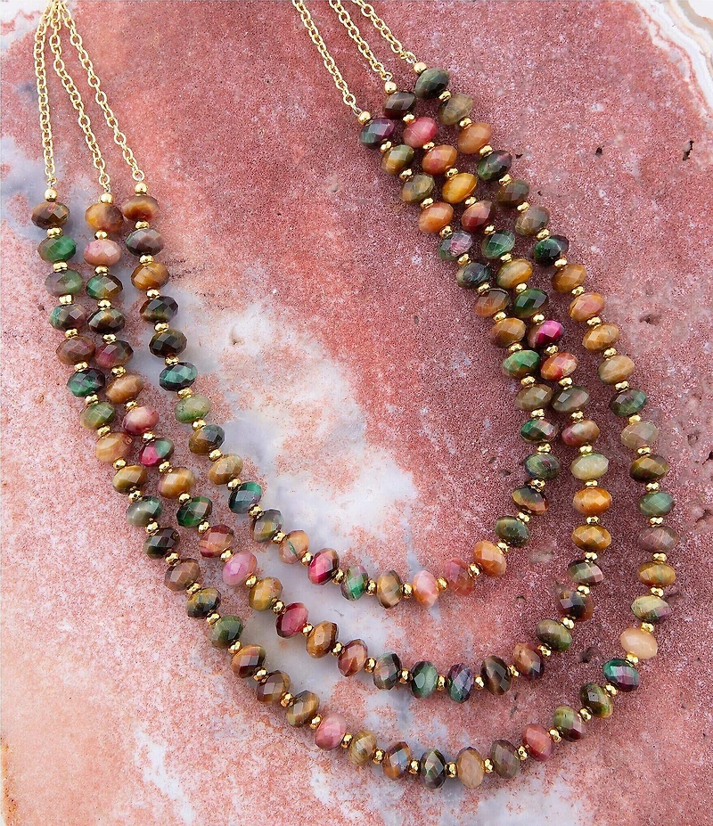 Barse Jeweled Multi-Color Tiger's Eye Triple Strand Golden Necklace