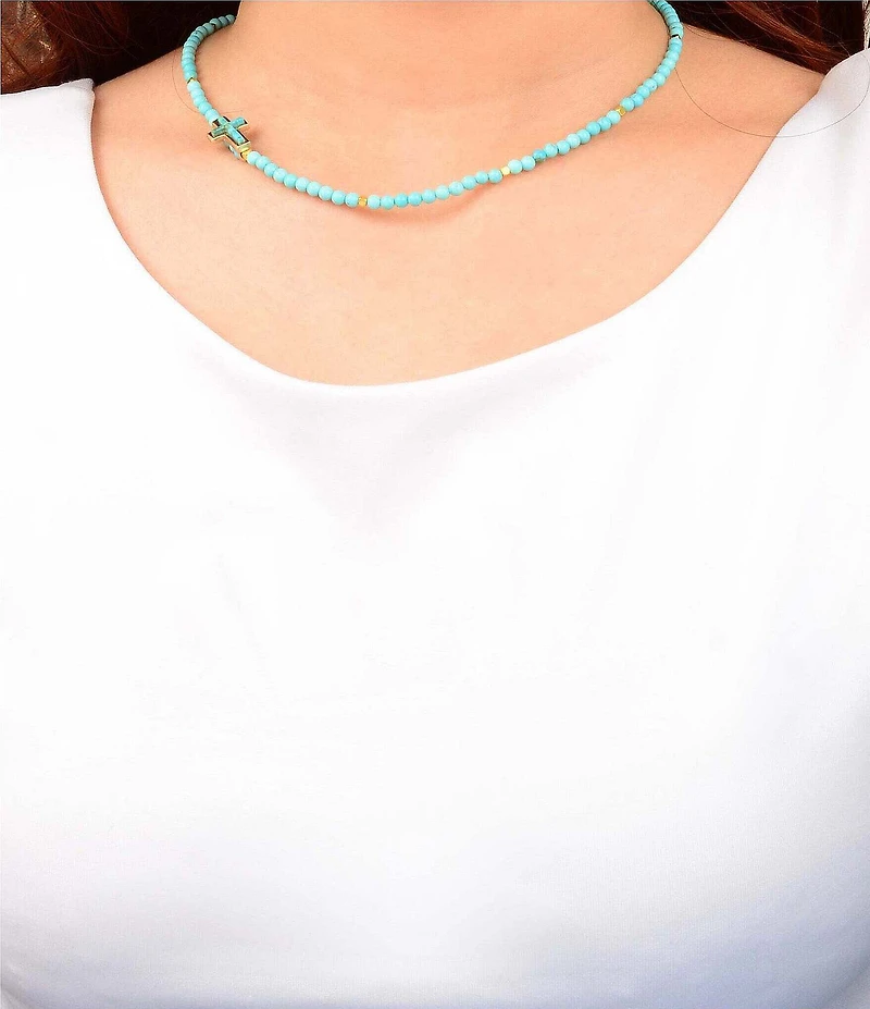 Barse Turquoise and Magnesite Beaded Dainty Cross Collar Necklace