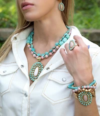 Barse Turquoise and Opal Cactus Rose Beaded Stretch Bracelet Set