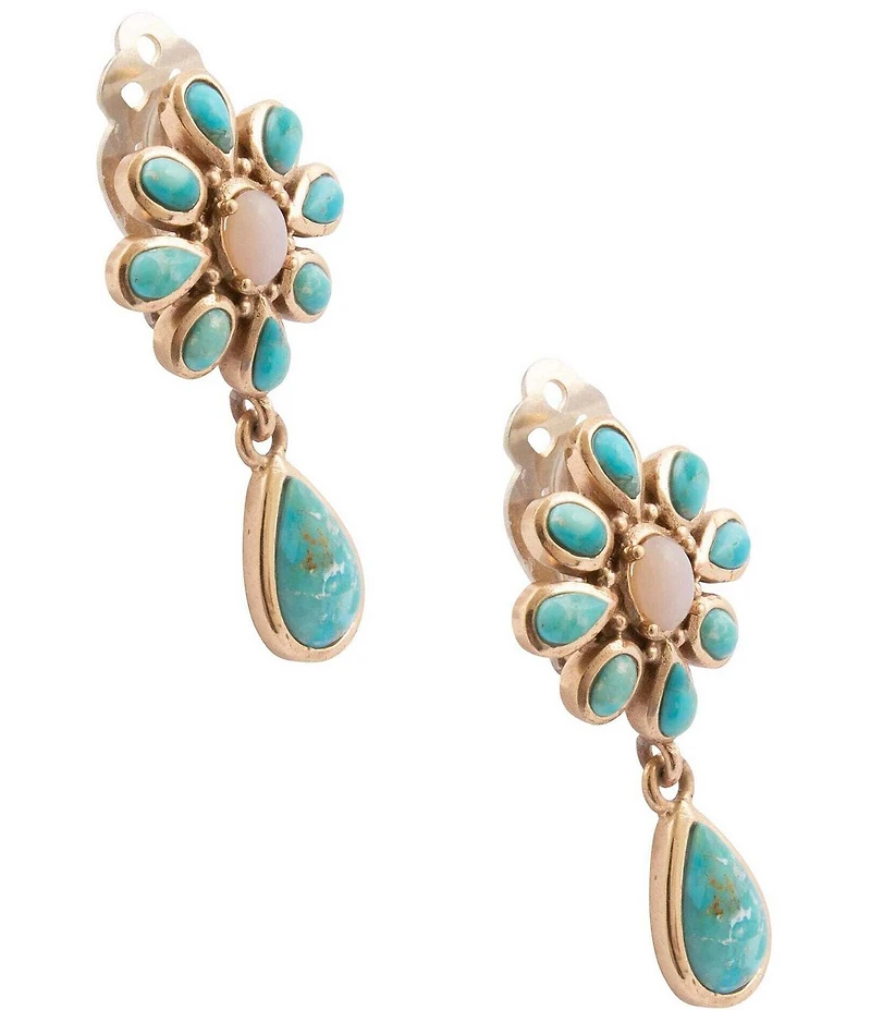 Barse Turquoise and Pink Opal Cactus Rose Clip-On Earrings