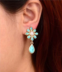 Barse Turquoise and Pink Opal Cactus Rose Clip-On Earrings