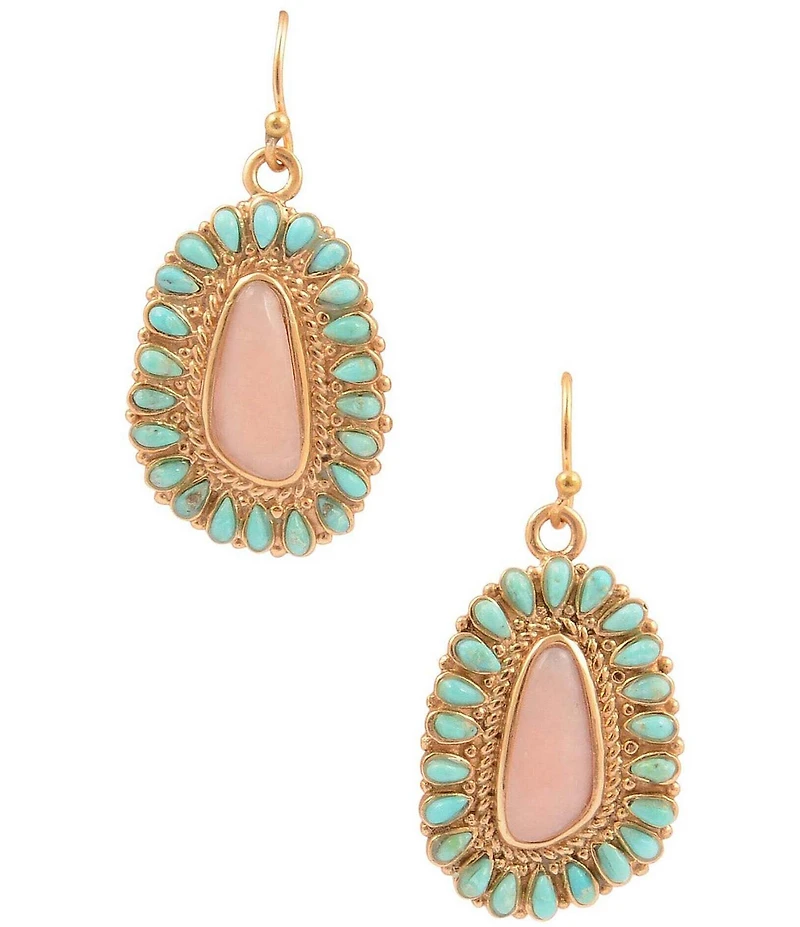 Barse Turquoise and Pink Opal Cactus Rose Drop Earrings