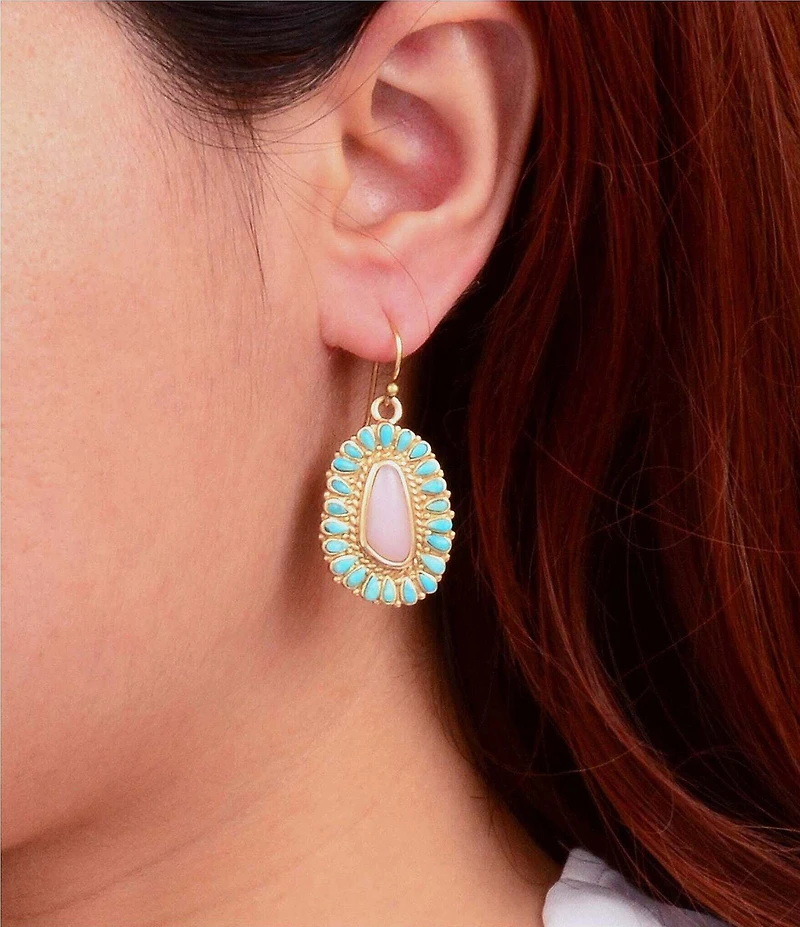 Barse Turquoise and Pink Opal Cactus Rose Drop Earrings