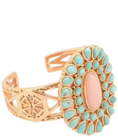 Barse Turquoise and Pink Opal Cactus Rose Statement Cuff Bracelet