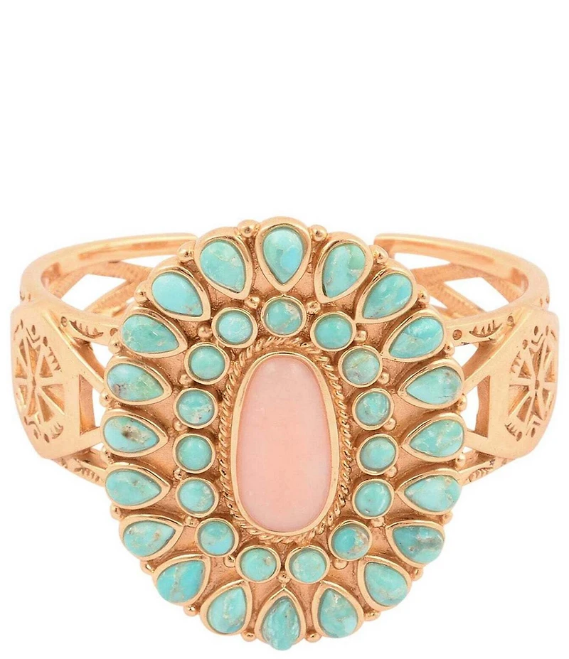 Barse Turquoise and Pink Opal Cactus Rose Statement Cuff Bracelet