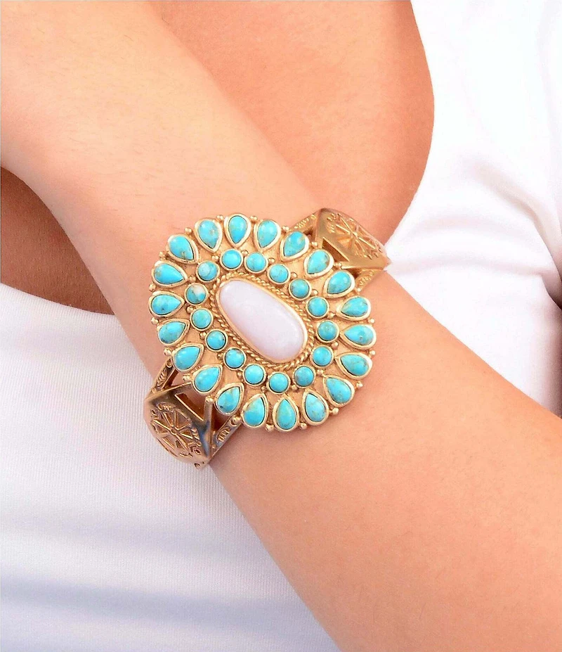 Barse Turquoise and Pink Opal Cactus Rose Statement Cuff Bracelet
