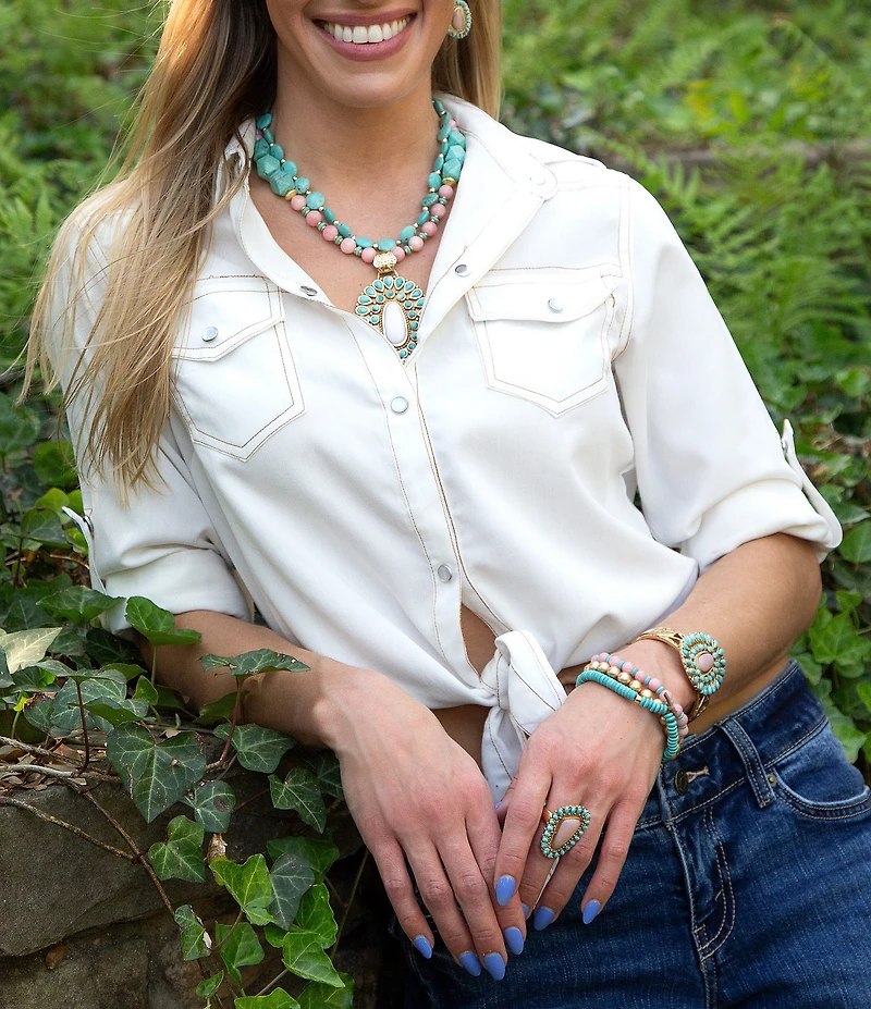 Barse Turquoise and Pink Opal Cactus Rose Statement Ring