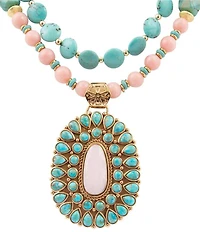 Barse Turquoise Cactus Rose Beaded Statement Short Pendant Necklace