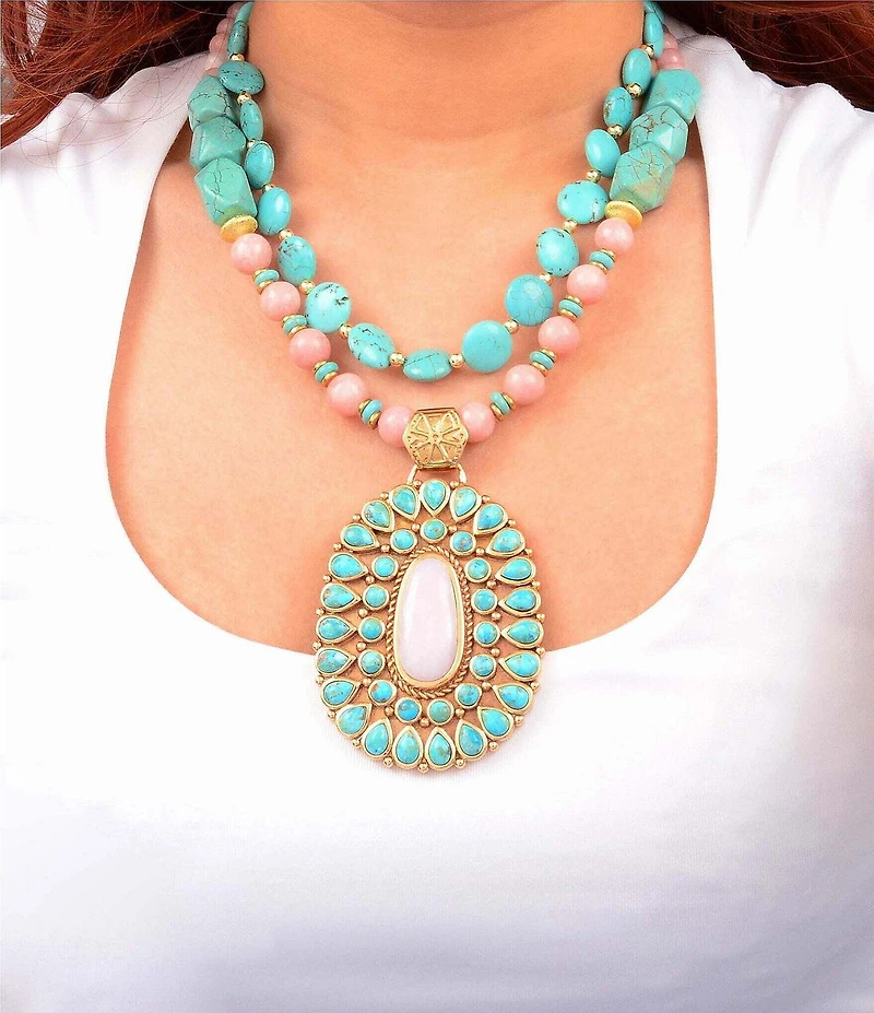 Barse Turquoise Cactus Rose Beaded Statement Short Pendant Necklace