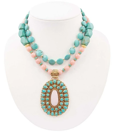 Barse Cactus Rose Turquoise Beaded Statement Short Pendant Necklace