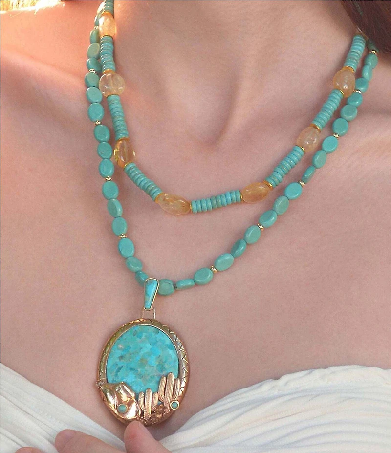 Barse Turquoise Cowboy Cactus Statement Beaded Short Pendant Necklace