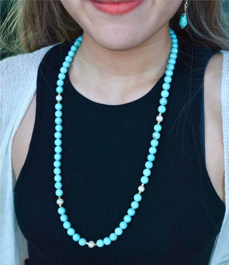 Barse Turquoise Magnesite and Freshwater Pearl Hepburn Long Strand Necklace
