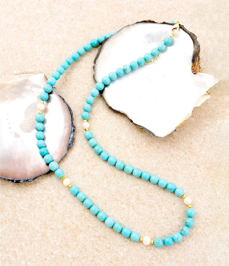 Barse Turquoise Magnesite and Freshwater Pearl Hepburn Long Strand Necklace