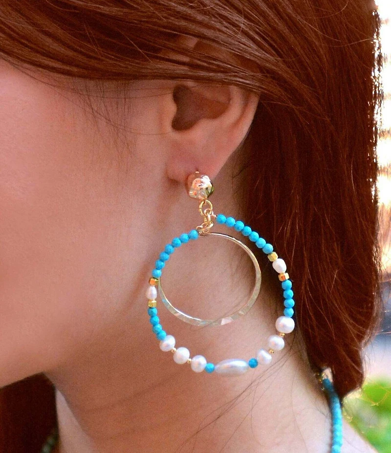 Barse Turquoise Magnesite and Freshwater Pearl Hepburn Orbital Statement Drop Earrings