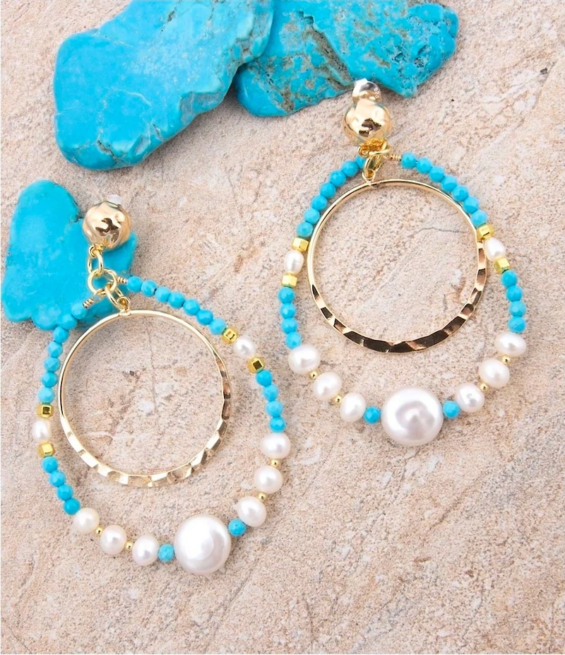 Barse Turquoise Magnesite and Freshwater Pearl Hepburn Orbital Statement Drop Earrings