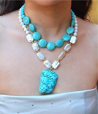 Barse Turquoise Magnesite and Freshwater Pearl Hepburn Statement Necklace